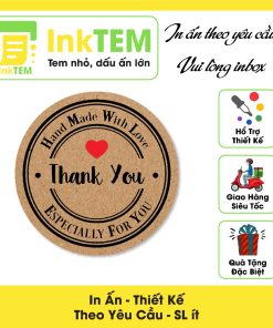 [Sẳn] 100 In Tem Nhãn Giấy InkTEM Xi Măng, Da Bò Decan Dán Thank You Hình Tròn